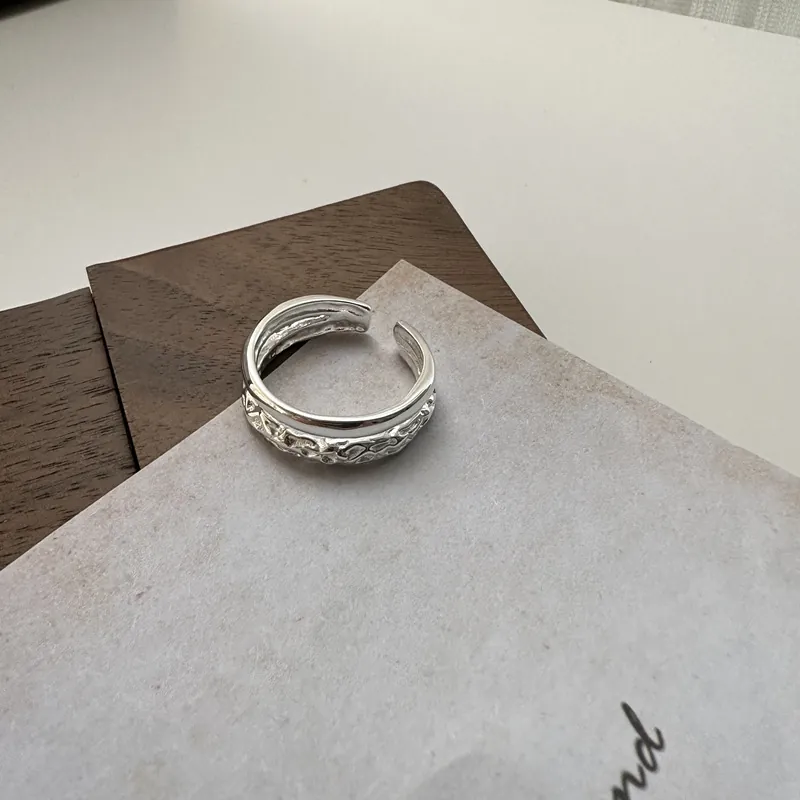 925 Sterling Silver Double Layer Open Ring For Women Vintage Niche Design Hammered Texture Polished Adjustable Finger Ring