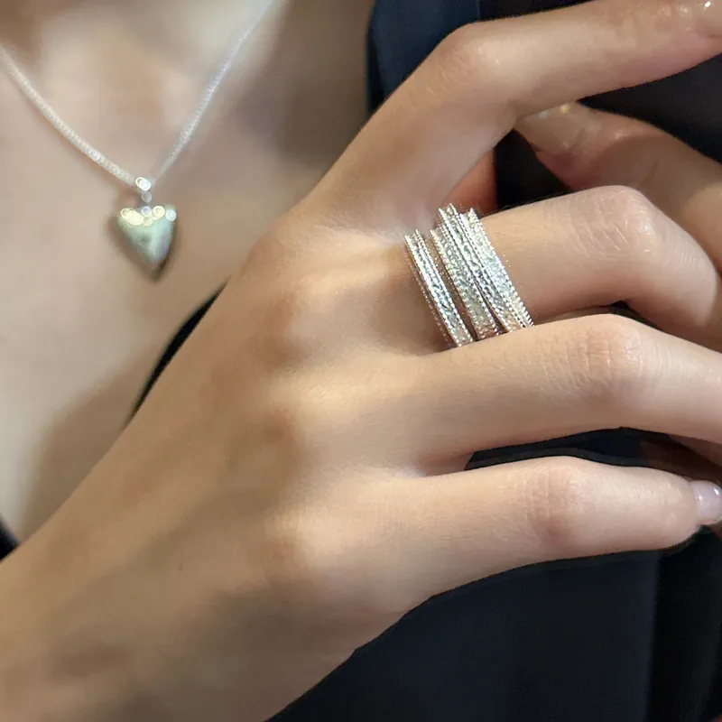 925 Sterling Silver Multi-layer Textured Ring For Women Minimalist Hammered Surface Adjustable Band Fashion Jewelry Finger Ring