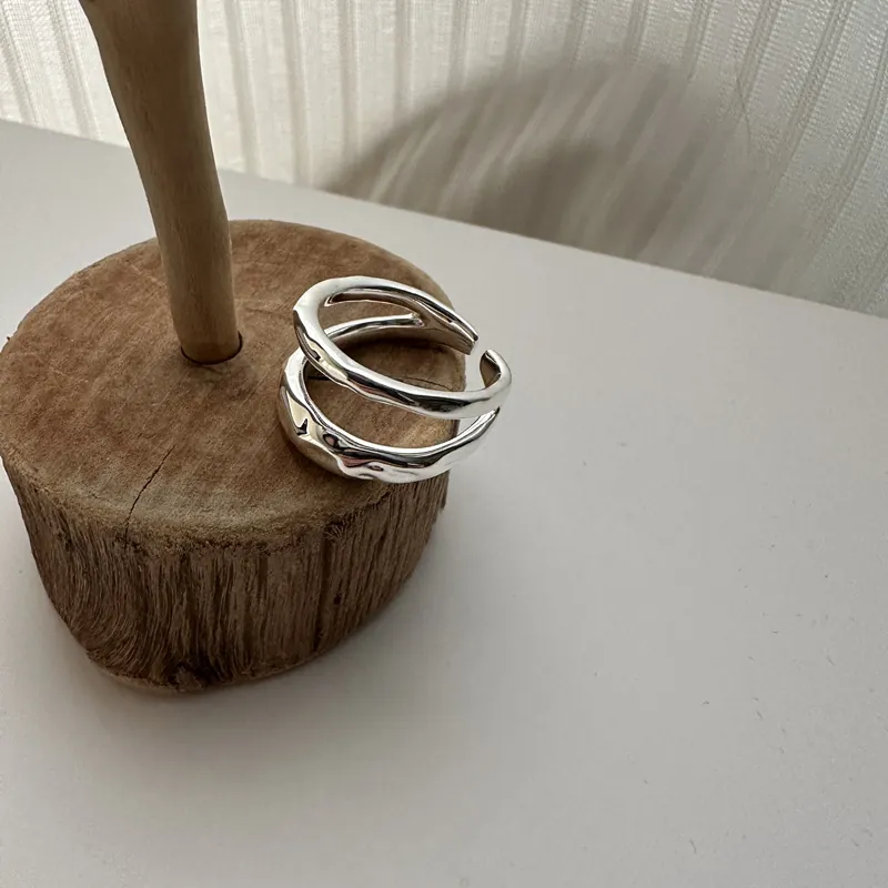 Bague Ouverte en Argent Sterling S925 Double Couche Texturée Minimaliste Ajustable Métal Liquide Lave Vague Bijoux Femme
