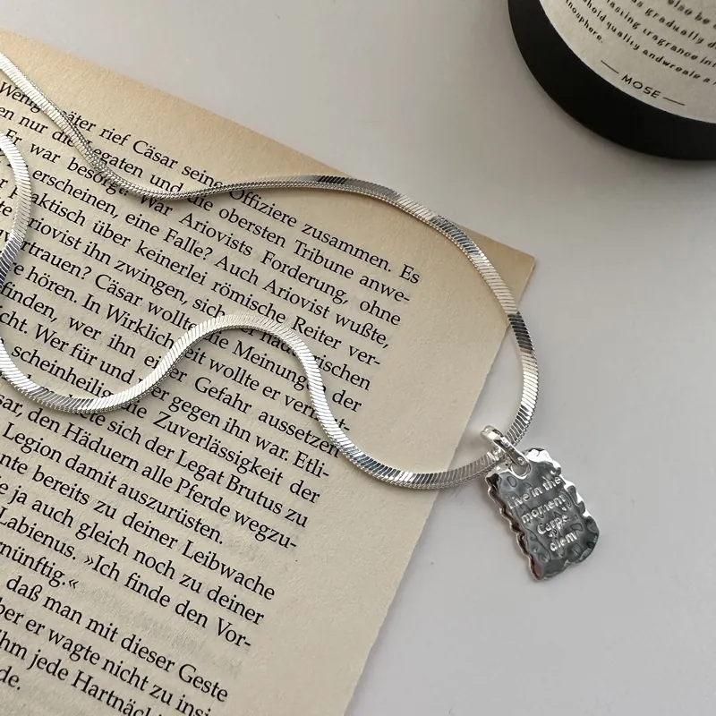 S925 Sterling Silver Textured Rectangular Pendant Necklace For Women Live In The Moment Engraved Snake Chain Minimalist Jewelry