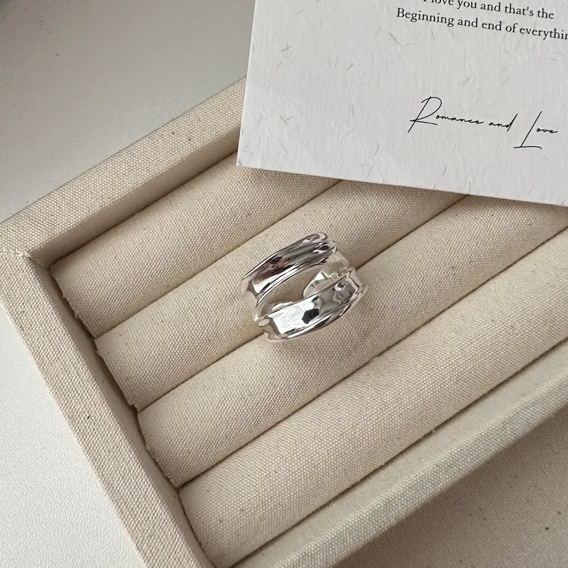 S925 Sterling Silver Double Layer Open Ring For Women Minimalist Wide Surface Irregular Wave Adjustable Band Finger Ring Jewelry