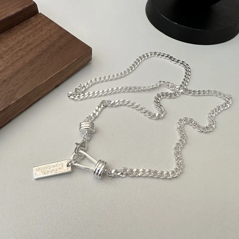925 Sterling Silver Minimalist Pendant Necklace Engraved Future Expectation Lettering Curb Chain Necklace Jewelry For Women