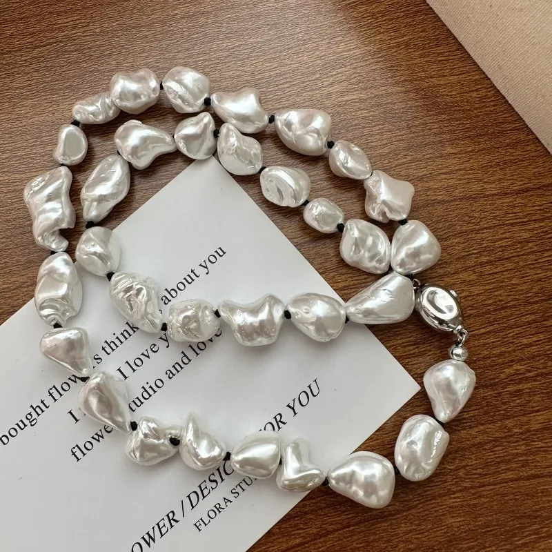 Baroque Irregular Shell Artificial Pearl Necklace Nine Two Five Sterling Silver Clasp Knotted Black Cord Minimalist Clavicle Chain