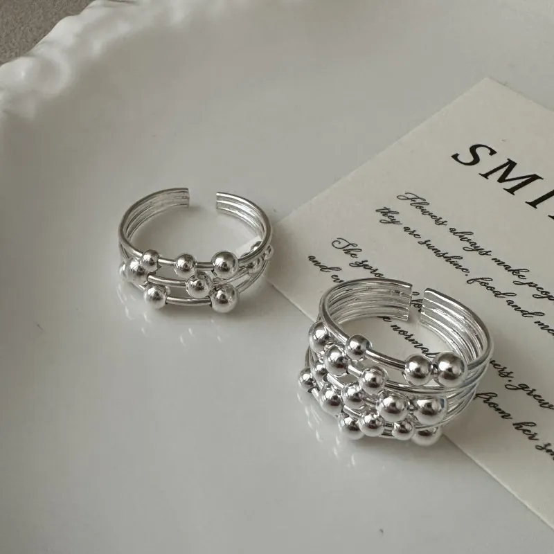 S925 Sterling Silver Multi Layer Line Beads Open Ring Minimalist Korean Design Adjustable Finger Ring For Women Jewelry