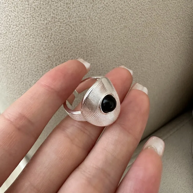 925 Sterling Silver Vintage Record Texture Black Agate Open Ring For Women Geometric Adjustable Finger Ring Jewelry