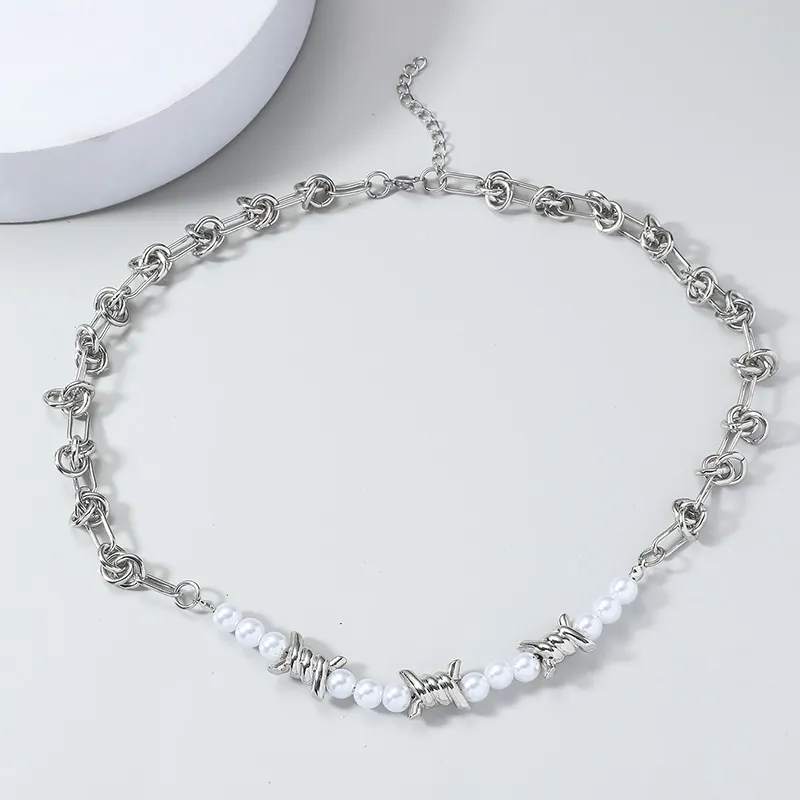 Punk Barbed Wire Necklace With Mother Of Pearl Alloy Steel Color Barbed Wire Chain Punk Gothic Jewelry For Men Women Daily Accessory