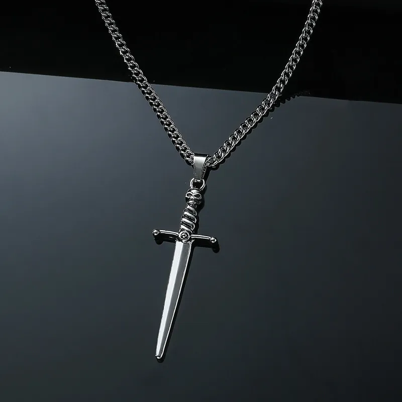 Punk Gothic Totenkopf Schwert Herz Anhänger Halskette Für Herren Und Damen Silberlegierung Bordsteinkette Hip Hop Schmuck