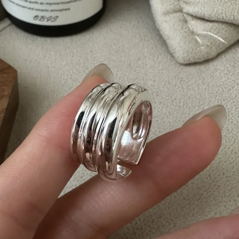 Bague Ouverte à Vagues Multicouches en Argent Sterling S925 pour Femme Minimaliste Ajustable Poli Géométrique Bijoux de Mode