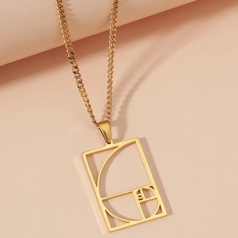 Fibonacci Spiral Pendant Necklace Stainless Steel Geometric Hollow Rectangle Golden Ratio Math Fashion Jewelry For Men