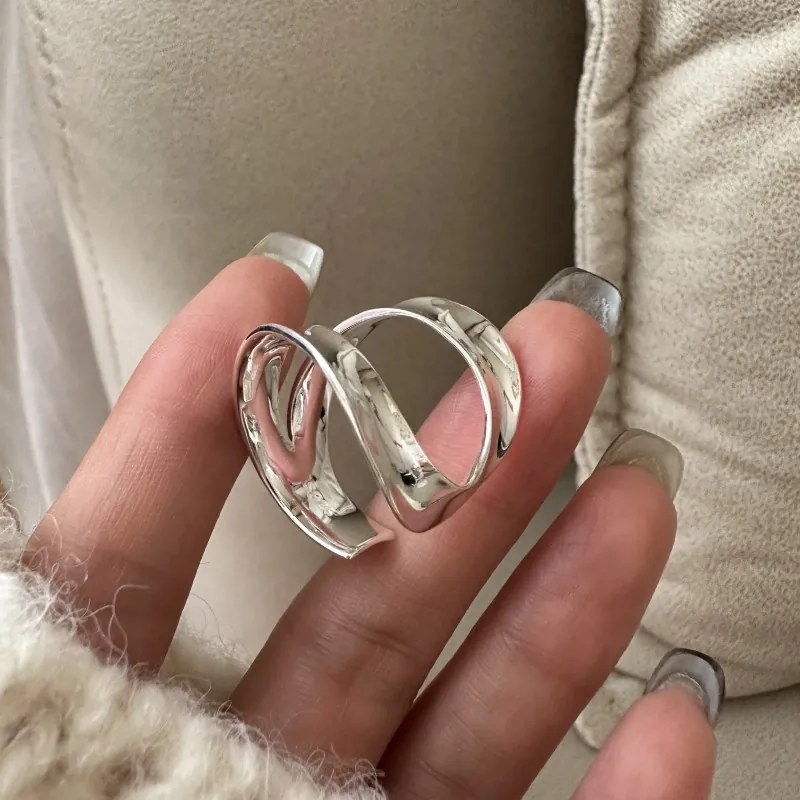 925 Sterling Silver Wide Irregular Ring For Women Vintage Minimalist Adjustable Open Curved Geometric Band Finger Jewelry