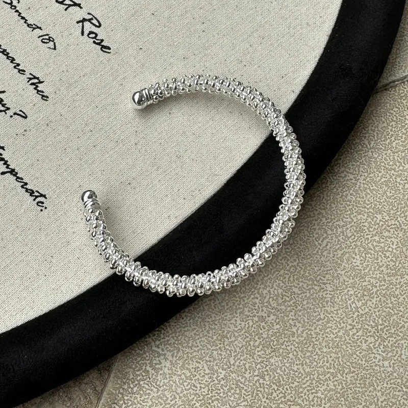 925 Sterling Silver Beaded Open Bangle Vintage Minimalist Handmade INS Style Beaded Textured Cuff Bracelet For Women Jewelry