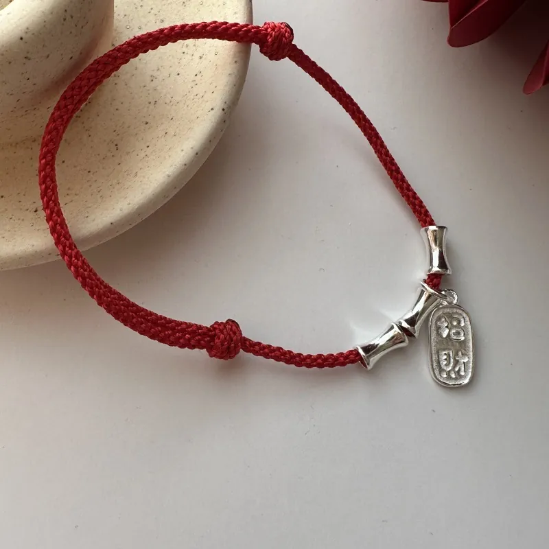 925 Sterling Silver Red Rope Bracelet For Women Bamboo Joint Beads Lucky Charm Hand-woven Adjustable Ethnic Style Jewelry