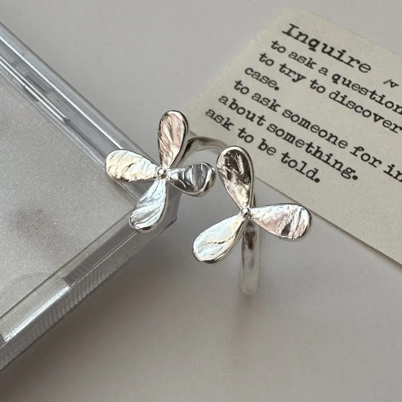 S925 Sterling Silver Flower Texture Ring For Women Minimalist Open Adjustable Hammered Petal Design Finger Ring Jewelry Gift