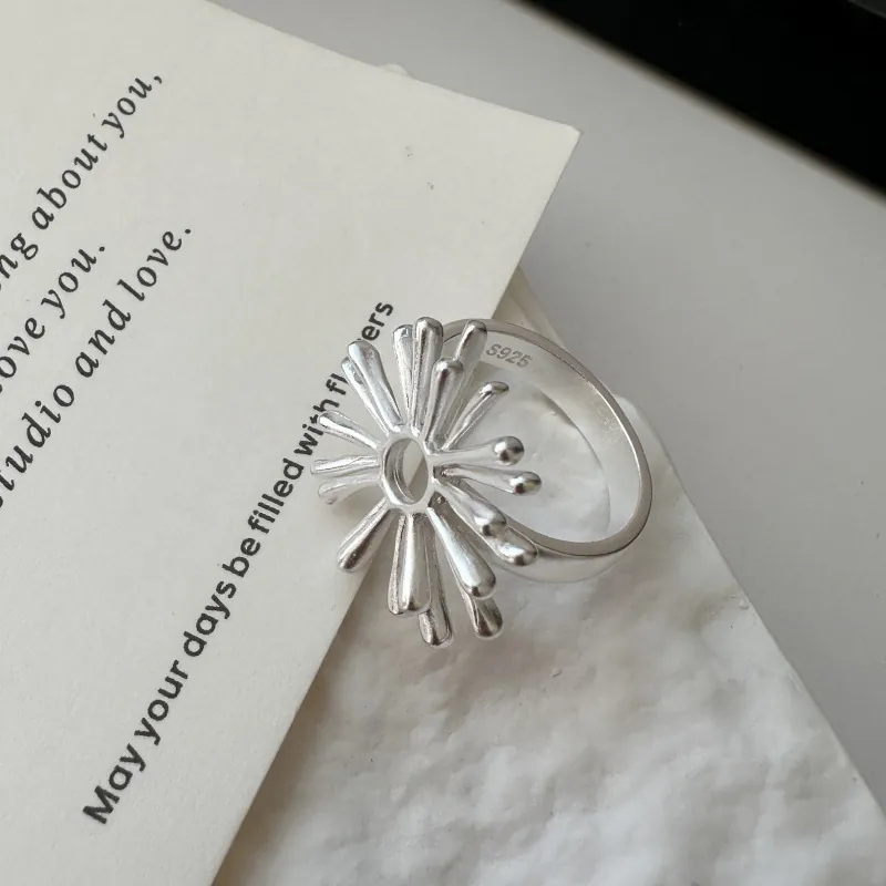 925 Sterling Silver Firework Adjustable Open Ring For Women Minimalist Design Sunburst Geometric Finger Ring Fashion Jewelry