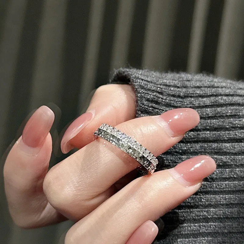 Anello Aperto Regolabile in Argento Sterling 925 Con Micro Pavé di Zirconia Doppia Strato Texture Martellata Gioielli Coreani Minimalisti