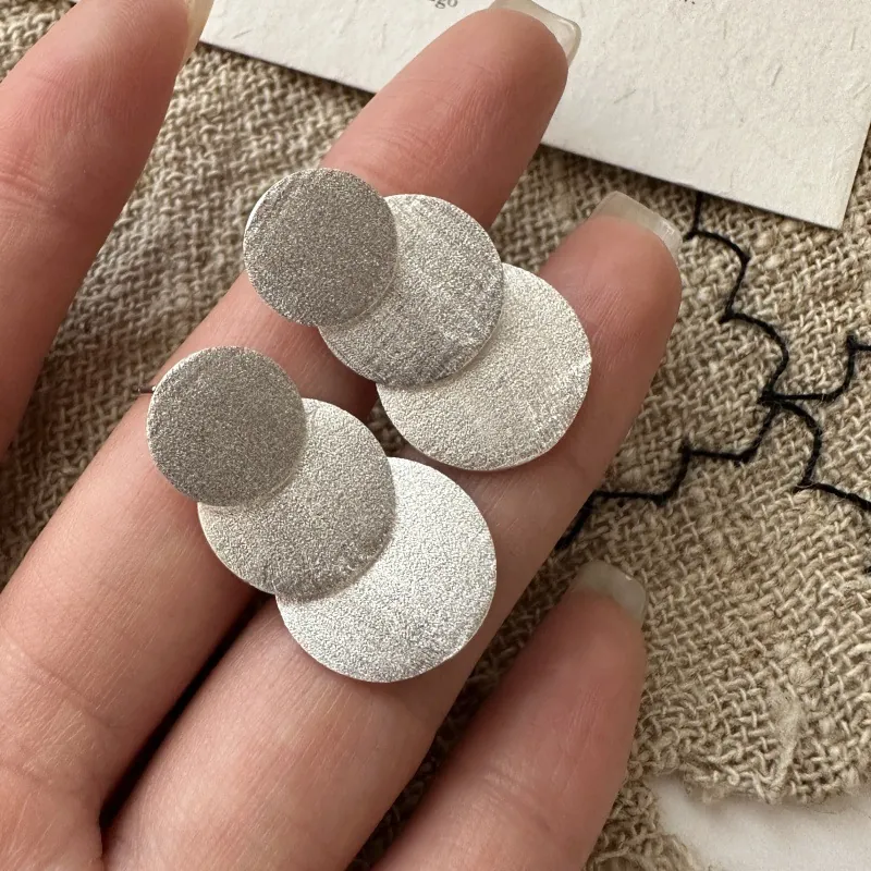 925 Sterling Silver Minimalist Earrings Korean Style Triple Layered Round Brushed Disc Geometric Stud Earrings For Women