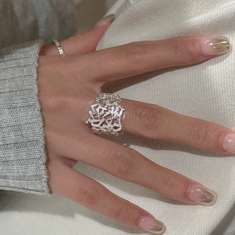 Vintage 925 Sterling Silver Irregular Geometric Hollow Ring For Women Minimalist Open Adjustable Texture Jewelry Gift