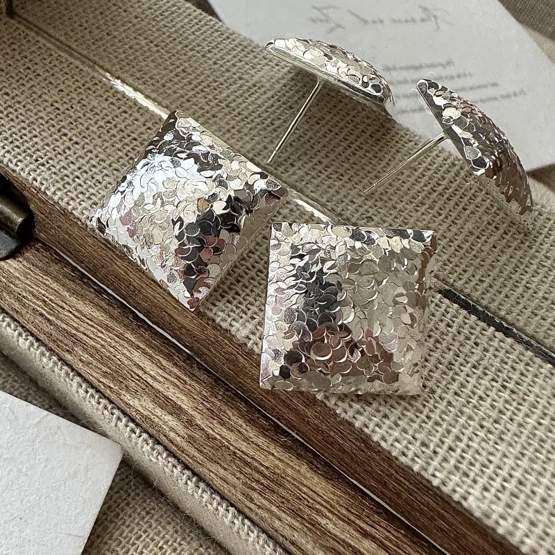 925 Sterling Silver Square Stud Earrings For Women Retro Geometric Hammered Texture Personalized Niche Design Ear Jewelry Gift