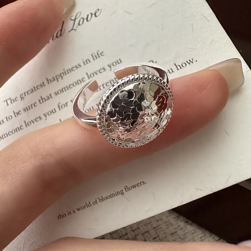 S925 Sterling Silver Ring For Women Niche Design Crushed Ice Hammered Texture Geometric Adjustable Open Ring Korean Chic Jewelry