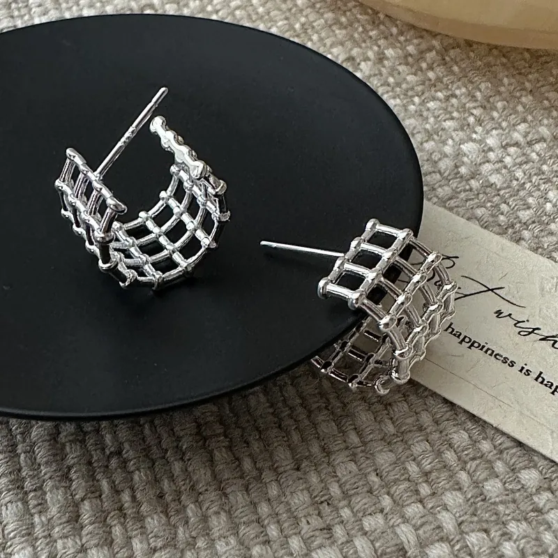 Orecchini a Cerchio in Argento Sterling 925 Minimalisti per Donna Design a Griglia Traforata a Forma di C Gioielli Geometrici