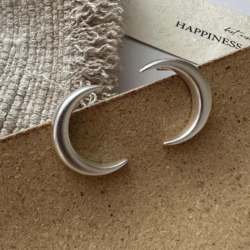 925 Sterling Silver Matte Crescent Moon Stud Earrings For Women Retro Frosted C-Shaped Minimalist Trendy Korean Jewelry
