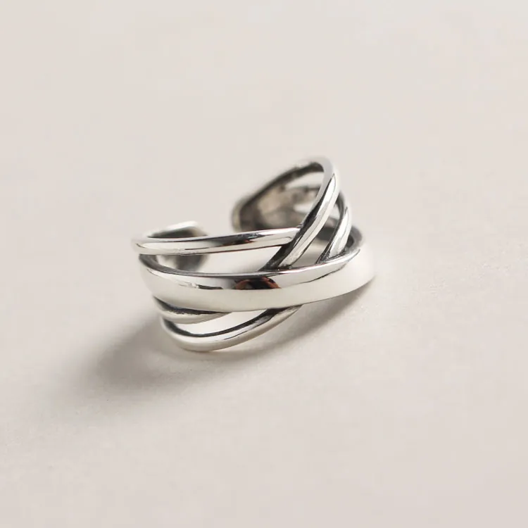 925 Sterling Silver Irregular Winding Line Ring Vintage Retro Style Adjustable Open Finger Ring Minimalist Jewelry For Women