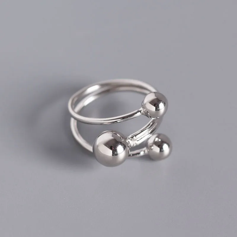 925 Sterling Silver Minimalist Geometric Open Adjustable Ring For Women Three Round Beads Electroplated Fashion Jewelry