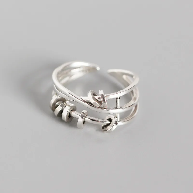 925 Sterling Silver Multi-layer Crossing Fidget Ring With Moving Beads Adjustable Open Finger Ring Vintage Jewelry For Women