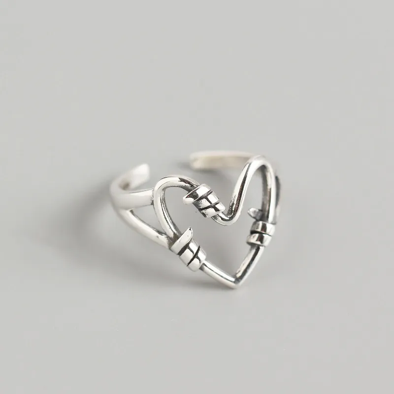 Vintage 925 Sterlingsilber Herz Ring Für Damen Handgemachte Drahtwicklung Verstellbare Offene Ring Punk Oxidiert Herz Fingerring Geschenk