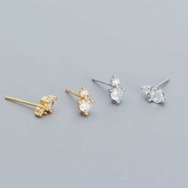 925 Sterling Silver Double Stone Stud Earrings For Women Minimalist Small Rhinestone Earrings Platinum Gold Plated Jewelry