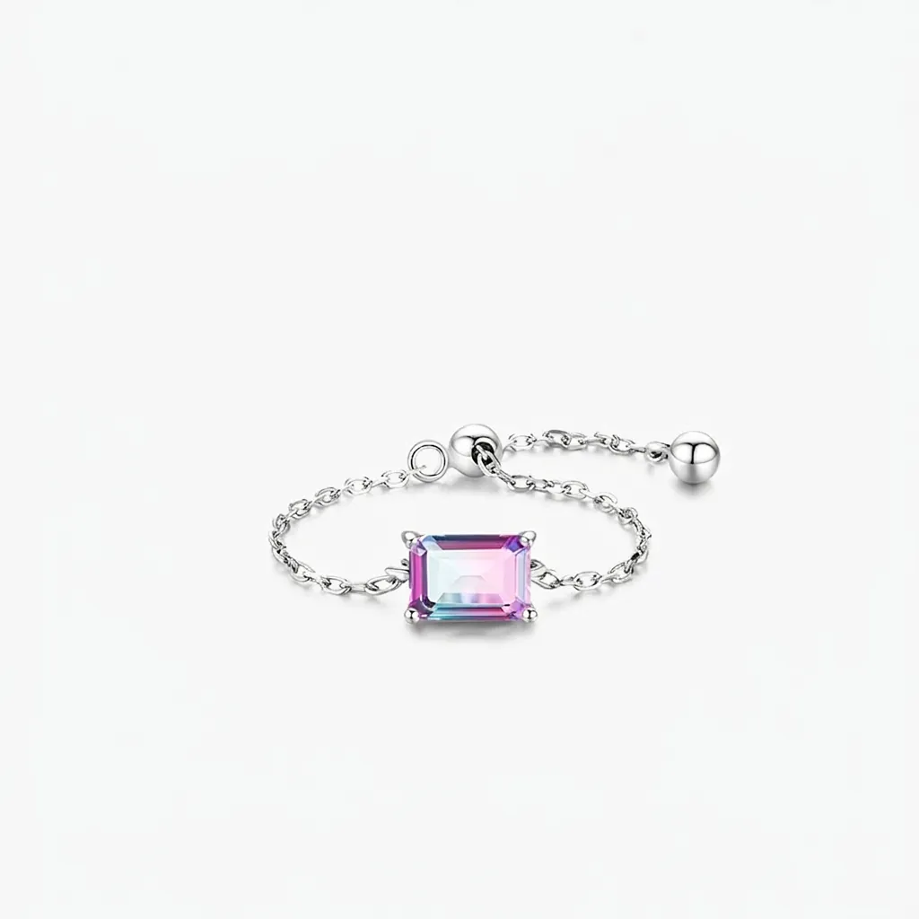 925 Sterling Silber Verstellbarer Kettenring Rechteckiger Verlauf Zirkonia Minimalistischer Süßer Schmuck Für Damen Alltag