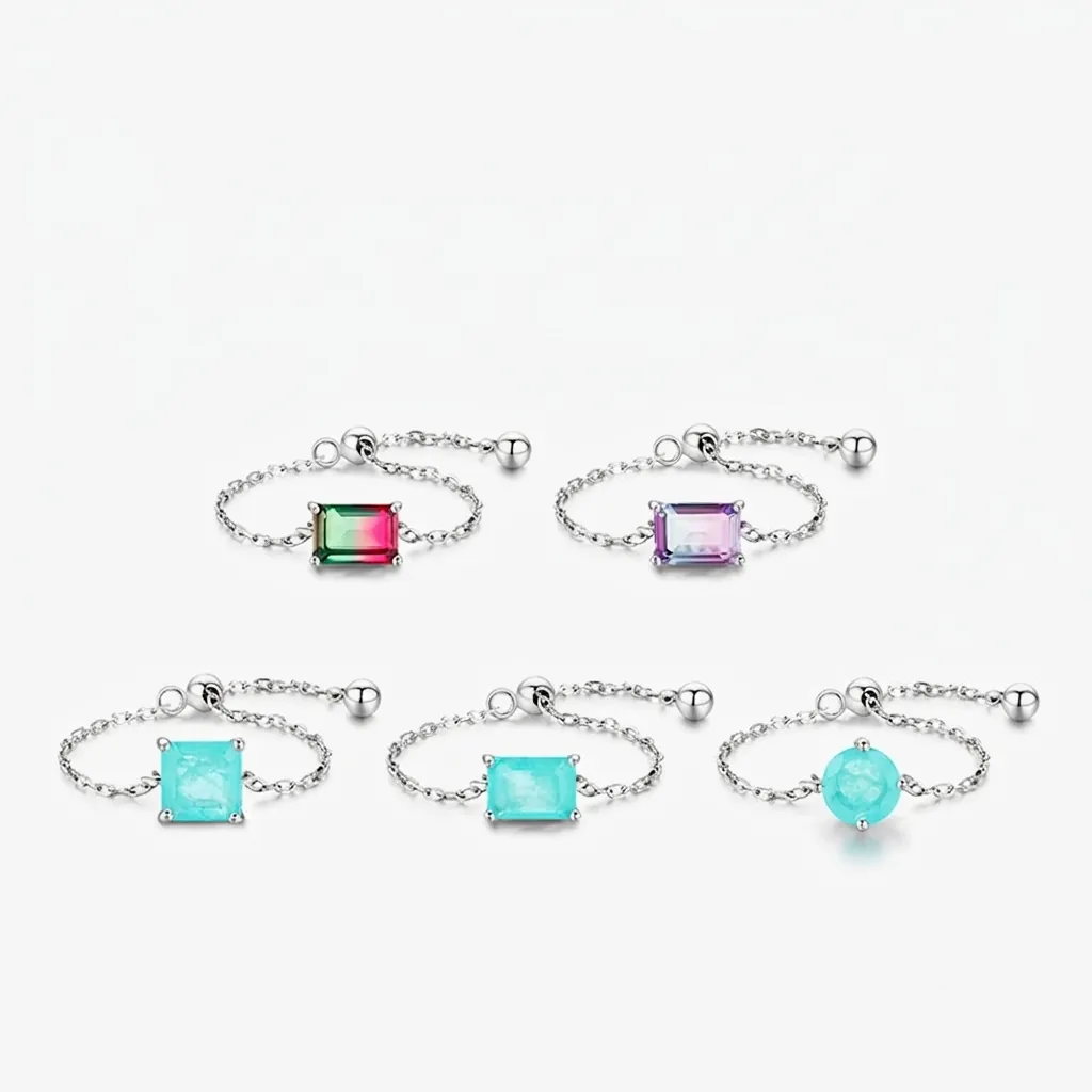 925 Sterling Silver Minimalist Adjustable Chain Ring With Gradient Rectangle Rhinestone Geometric Jewelry For Women Gift