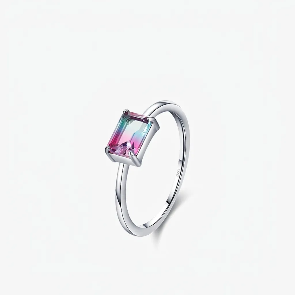 Minimalist 925 Sterling Silver Ring For Women Rectangular Gradient Tourmaline Stone Elegant Finger Ring Fashion Jewelry