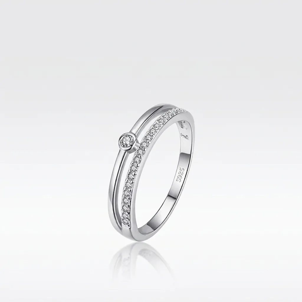 Elegant 925 Sterling Silver Double Layer Pave Zirconia Open Ring For Women Minimalist Geometric Layered Finger Ring Jewelry Gift