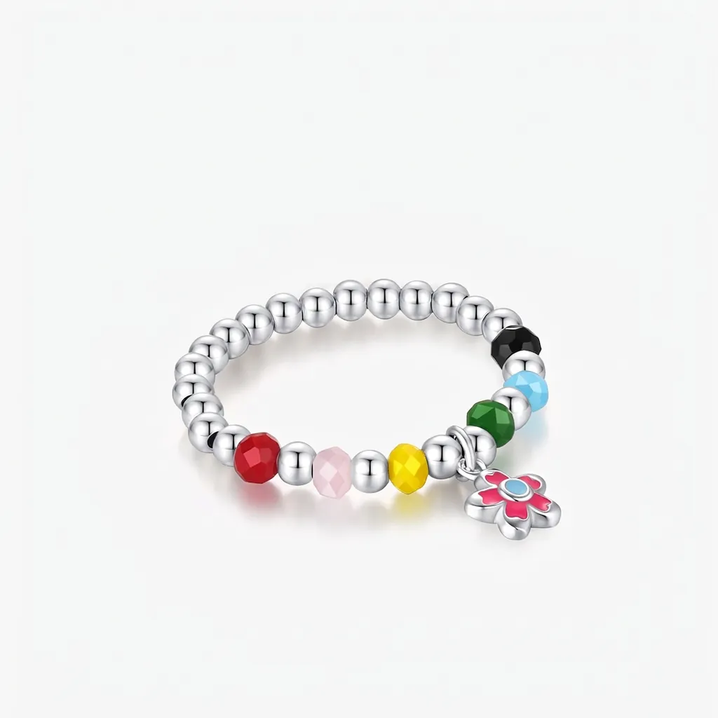 925 Sterling Silver Multi Color Beaded Flower Adjustable Ring For Women Sweet Enamel Floral Stretch Finger Ring Jewelry