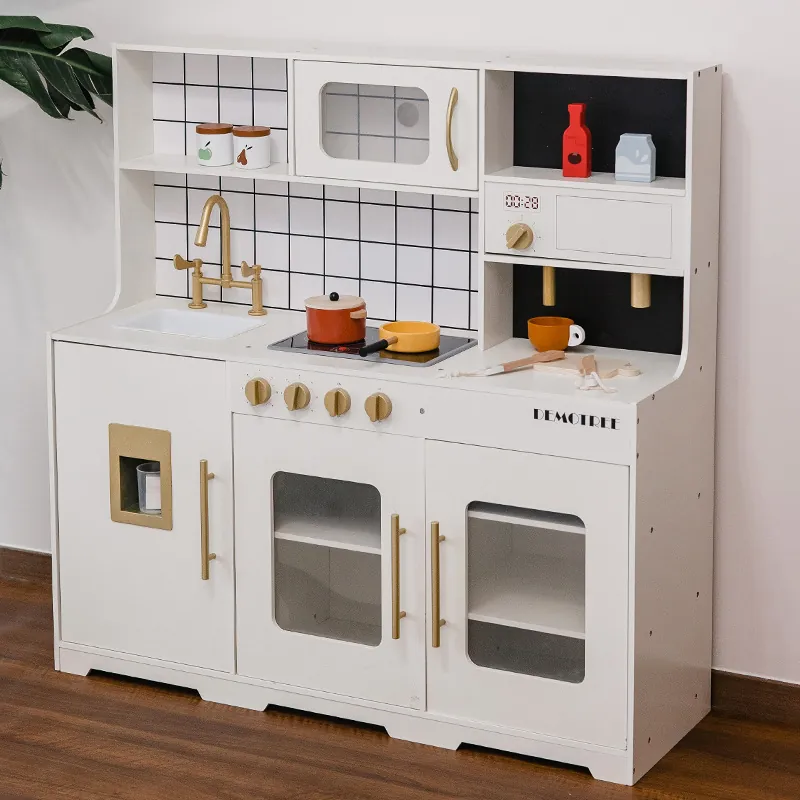 Wooden Pretend Play Kitchen Toy Set For Kids With Sound Light Effects Simulation Stove Microwave Sink Oven Storage Unit