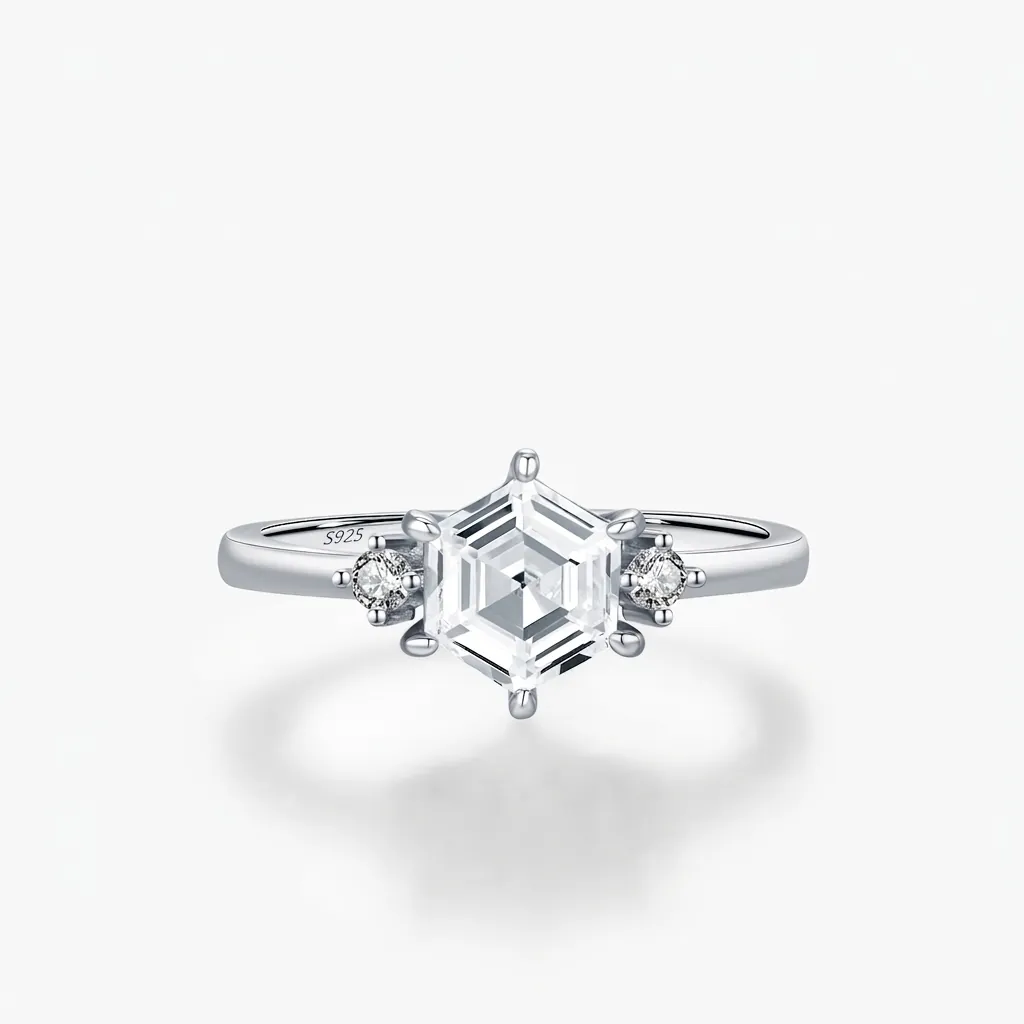 Elegant 925 Sterling Silver Hexagon Cut Rhinestone Ring For Women Geometric Light Luxury Engagement Finger Ring Jewelry