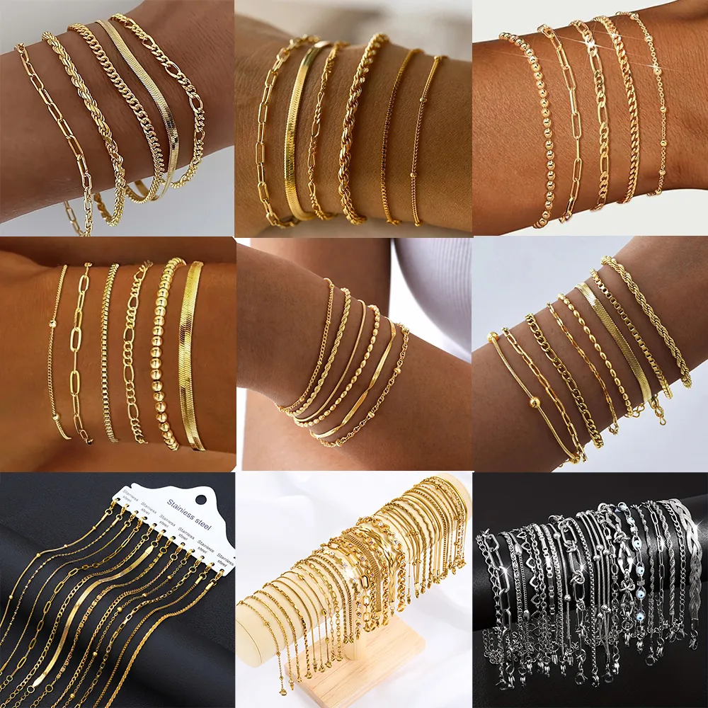 Fashion Stainless Steel Chain Bracelet For Women 18K Gold Plated Figaro Rope Paperclip Snake Bead Link Bracelet Jewelry Gift
