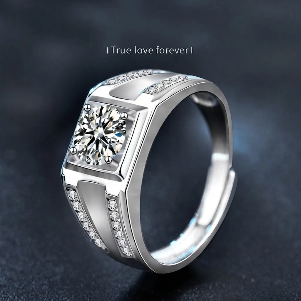 Luxury 925 Sterling Silver Moissanite Ring For Men Adjustable Opening 1 Carat Round Brilliant Cut Wedding Engagement Fine Jewelry