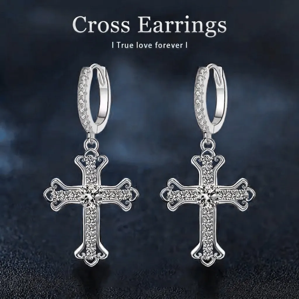 925 Sterling Silver Moissanite Cross Hoop Dangle Earrings For Women Trendy Elegant Religious Jewelry Wedding Party Anniversary