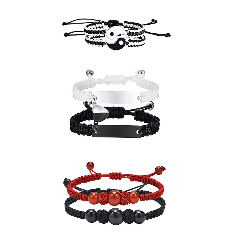 Stainless Steel Yin Yang Tai Chi Magnet Heart Hand Woven Cord Bracelet For Couples Adjustable Agate Beads Friendship Jewelry