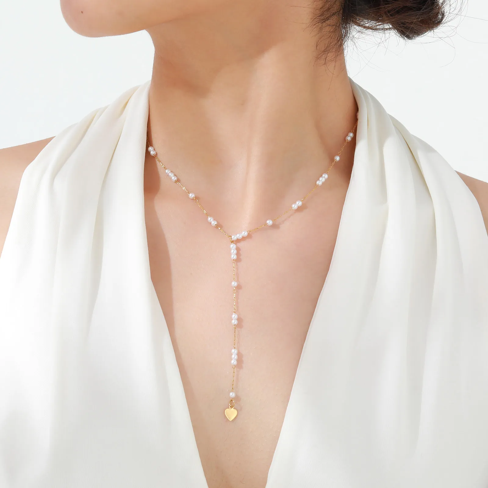 Elegant Y-Shaped Necklace Heart Pendant Stainless Steel Gold Plated Faux Artificial Pearl Fashion Jewelry For Women Daily Accessorizing