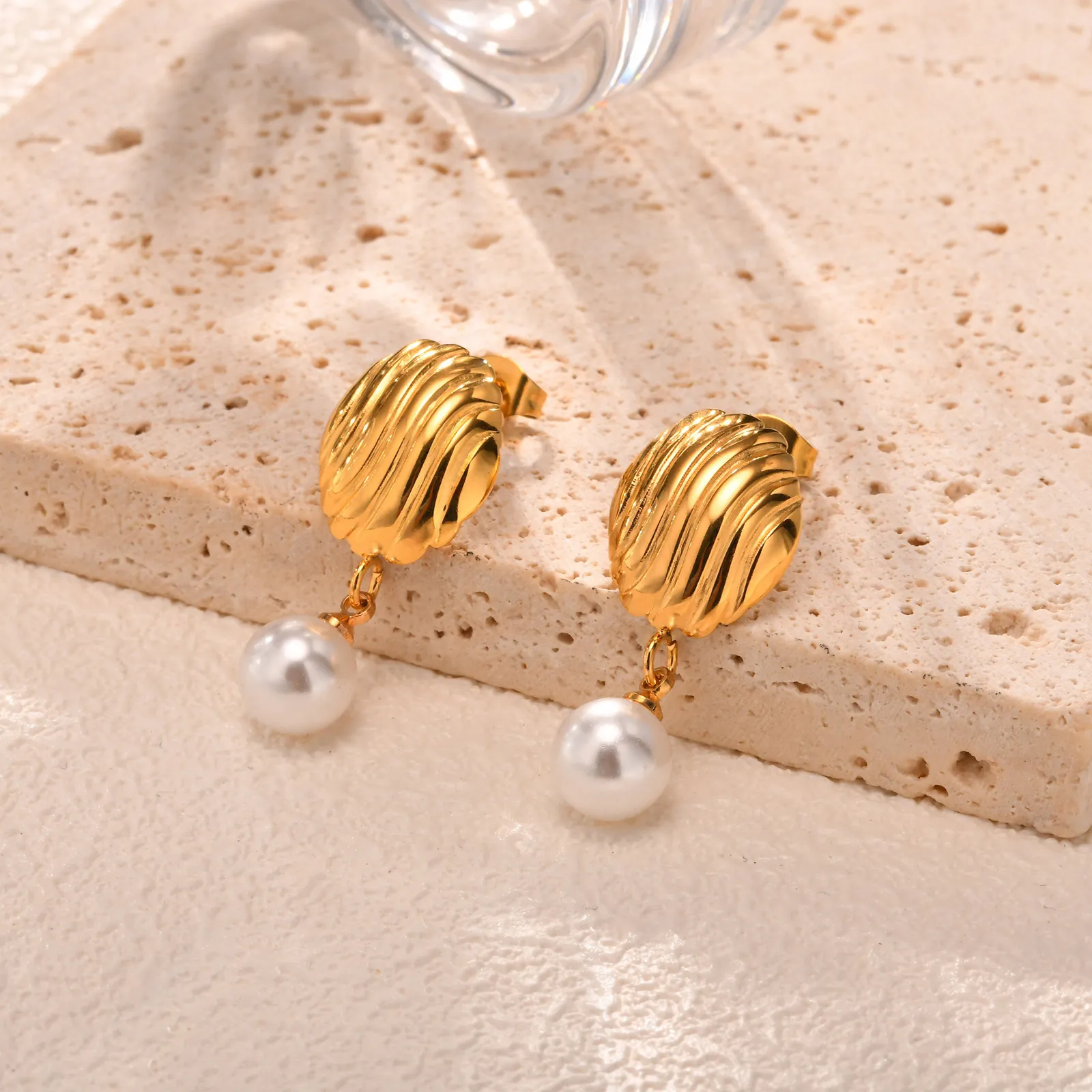 Shell Texture Artificial Pearl Drop Earrings Stainless Steel Wave Pattern Gold Plated Elegant Jewelry For Women