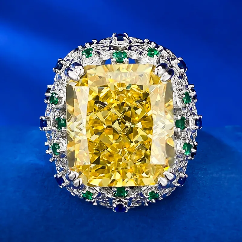 Luxurious 925 Sterling Silver Radiant Cut Yellow Rhinestone Ring With Multi Color Side Stones Vintage Halo Cocktail Ring