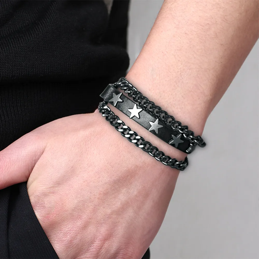 Bracciale in Lega di Pelle di Vacchetta Punk da Uomo Con Rivetti a Stella Catena in Metallo Cinturino Rock Gioielli di Moda