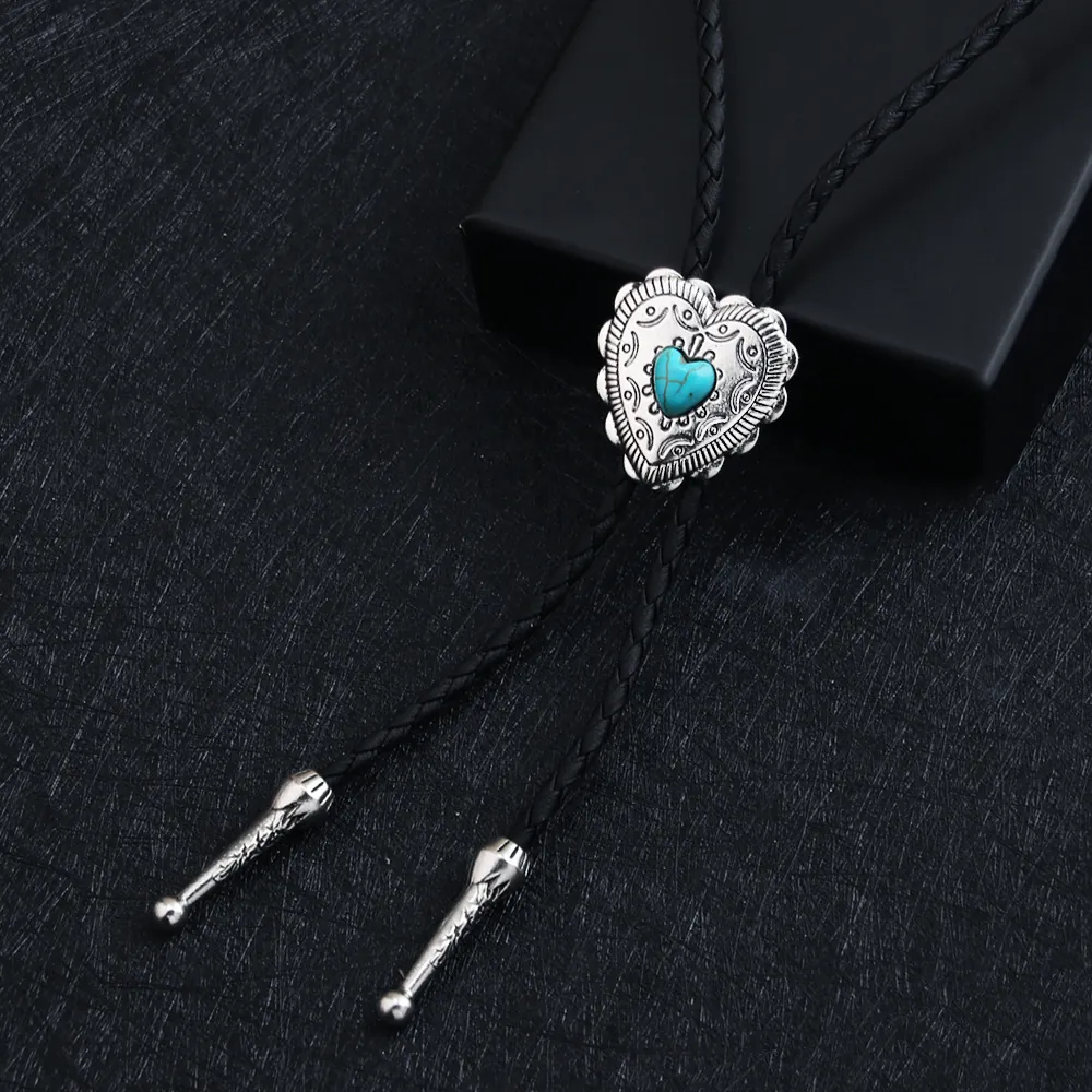 Vintage Heart Artificial Turquoise Bolo Tie Zinc Alloy Western Cowboy Braided Leather Rope Necktie Pendant Necklace For Unisex