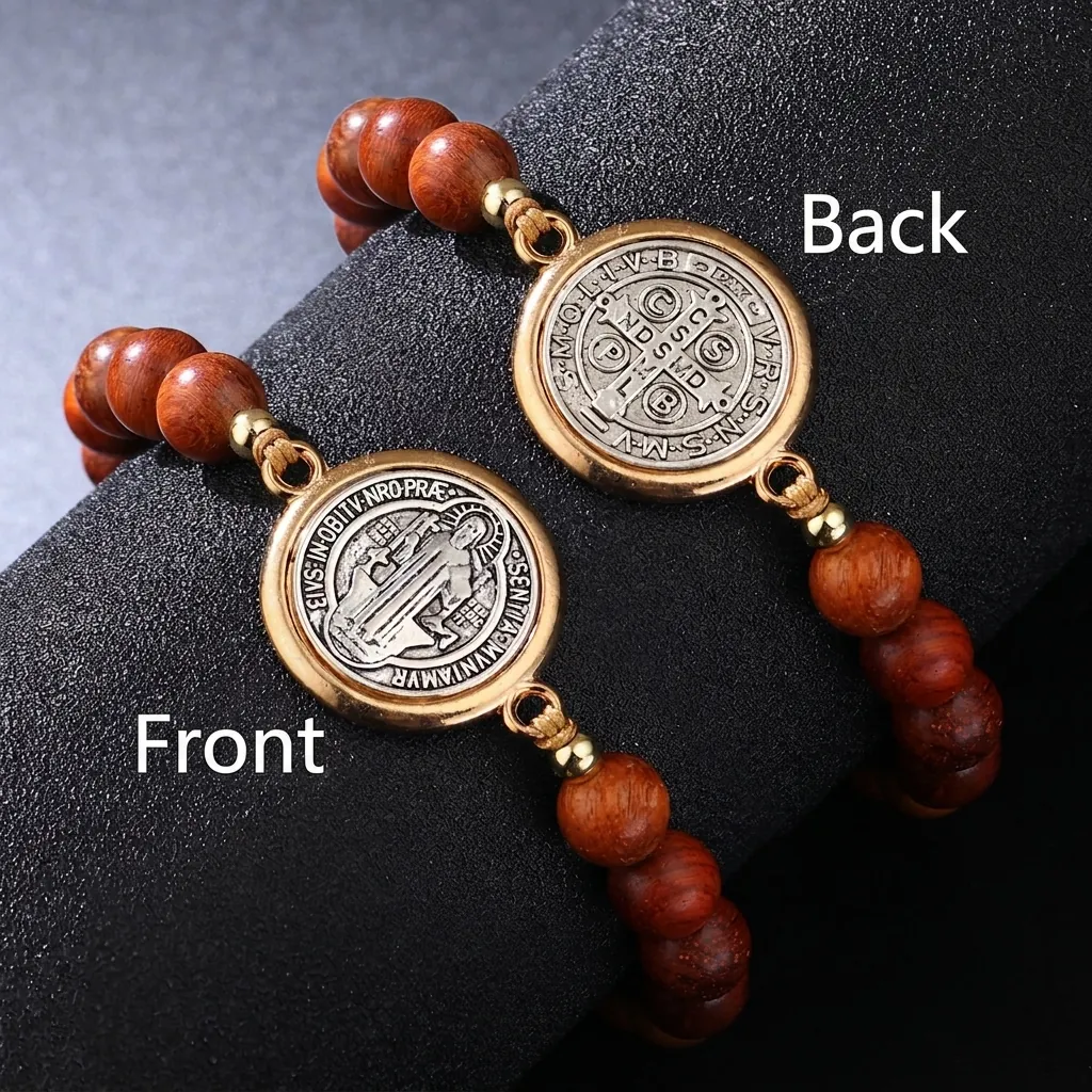 Sankt Benedikt Medaille Holzperlen Armband Verstellbares Geflochtenes Seil Legierung Religiöser Schmuck Unisex Vintage Kreuz Armband