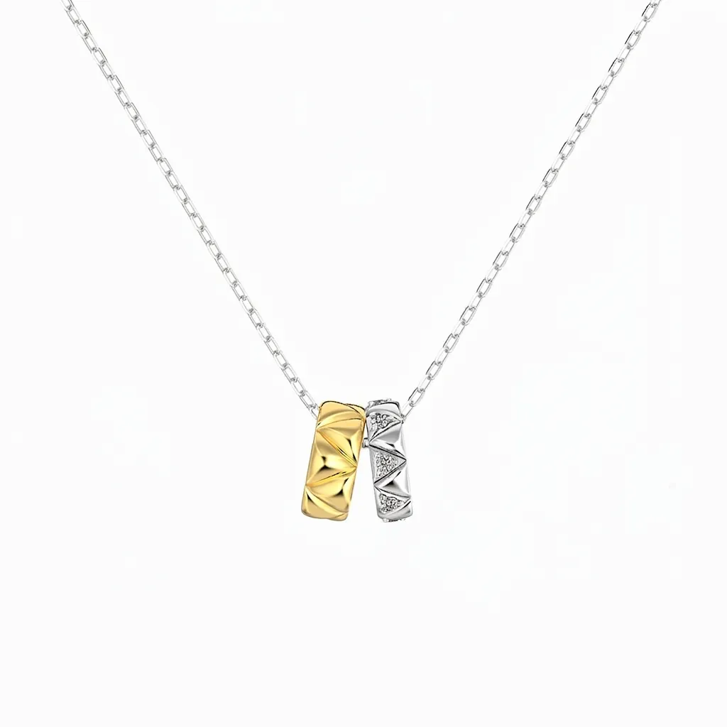 925 Sterling Silver Double Ring Pendant Necklace For Women Elegant Quilted Texture Interlocking Circles Zirconia Jewelry Gift
