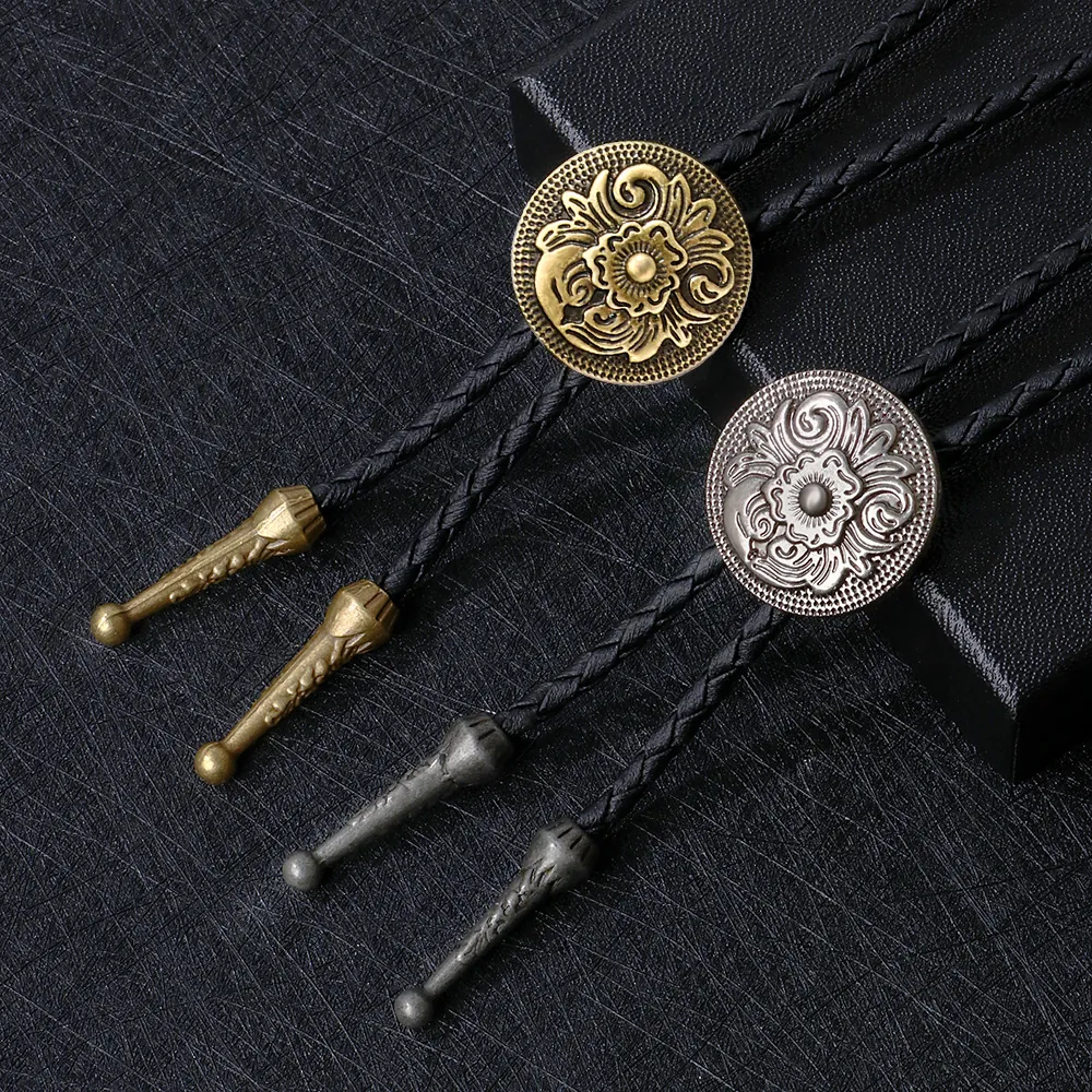 Vintage Western Cowboy Bolo Tie Retro Embossed Flower Alloy Pendant Adjustable Braided Artificial Leather Cord Necklace