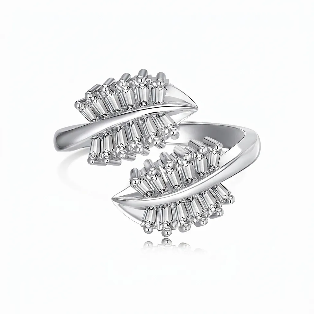 Bague Ouverte en Argent Sterling 925 Motif Feuille pour Femmes Design Symétrique Incrusté de Zirconia Bijoux de Mode Réglables